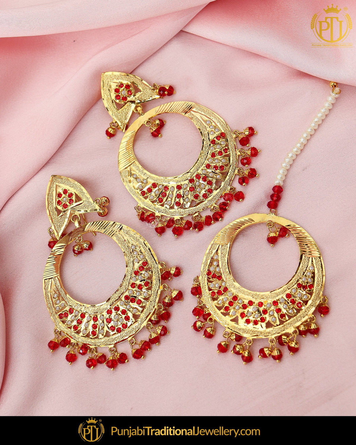 Gold Finished Pearl Rubby Jadau Earring Tikka Set | Punjabi Traditional Jewellery Exclusive