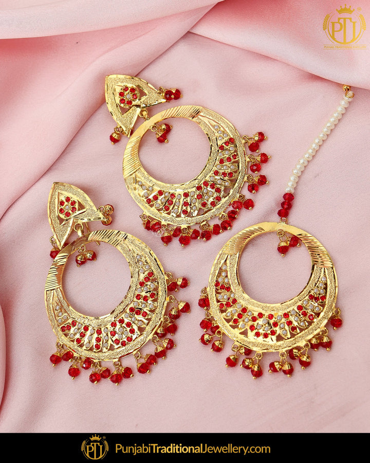 Gold Finished Pearl Rubby Jadau Earring Tikka Set | Punjabi Traditional Jewellery Exclusive