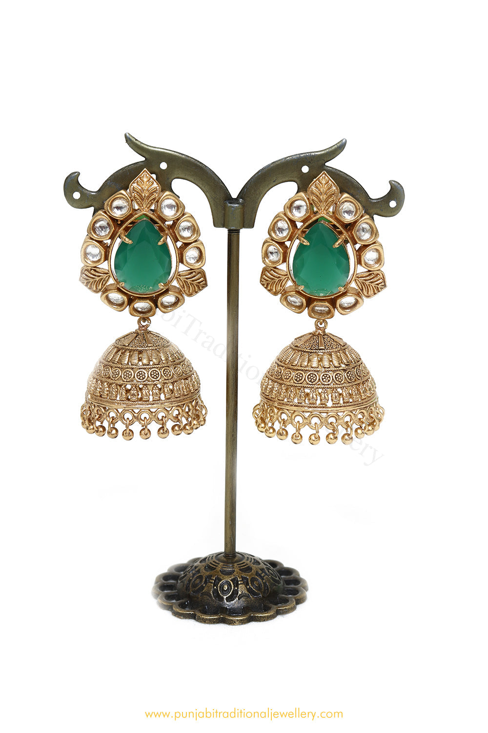 Gold Finished Emerald Jhumki Earrings by PTJ