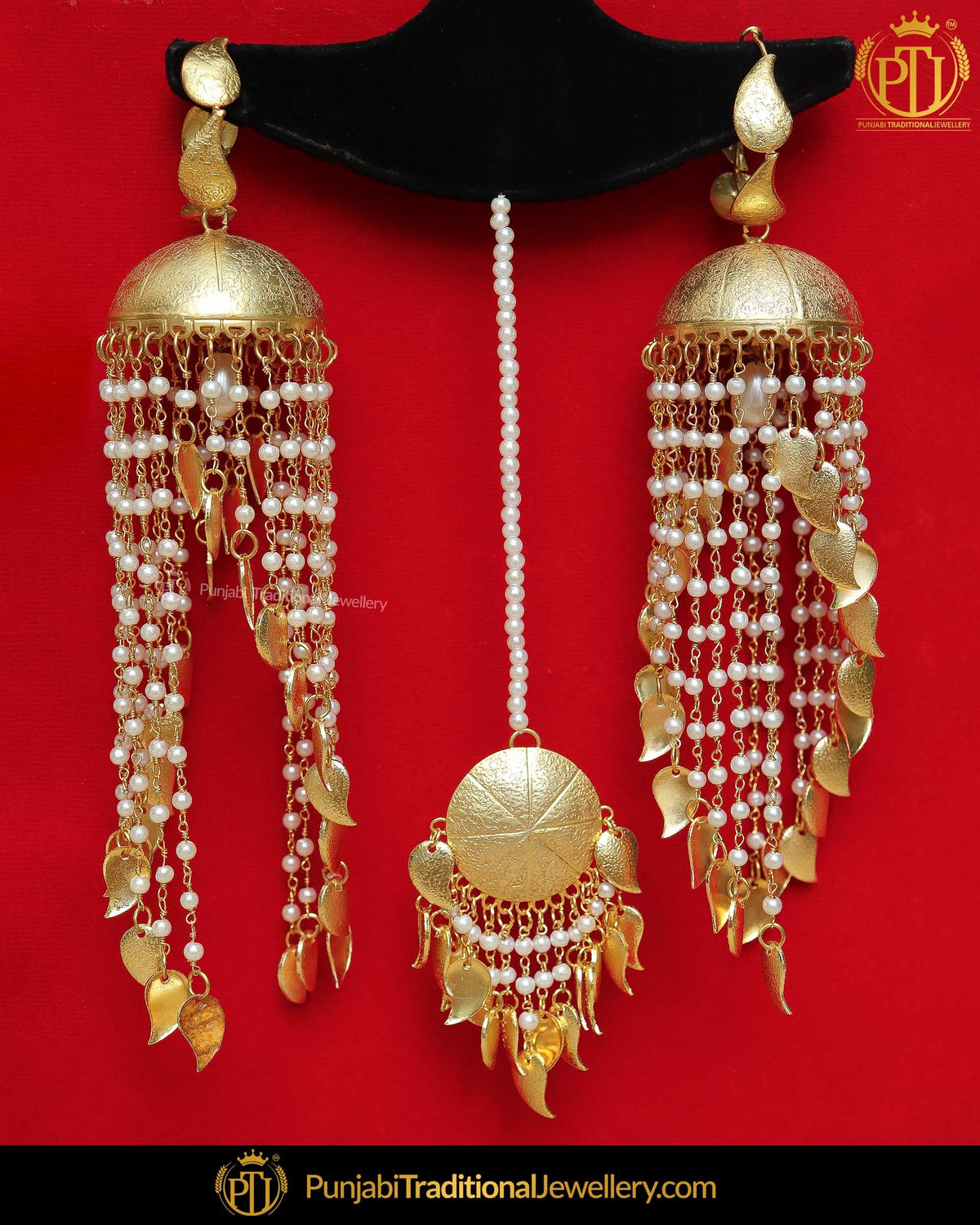 Gold Finished Patra Pippal Patti Jhumki Long Earrings & Tikka Set | Punjabi Traditional Jewellery Exclusive