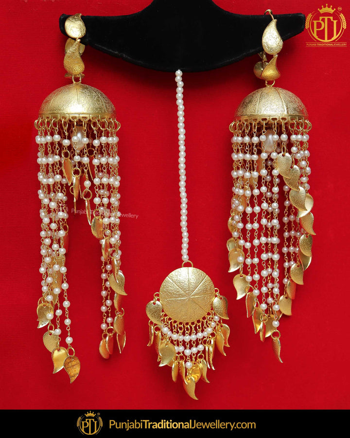 Gold Finished Patra Pippal Patti Jhumki Long Earrings & Tikka Set | Punjabi Traditional Jewellery Exclusive