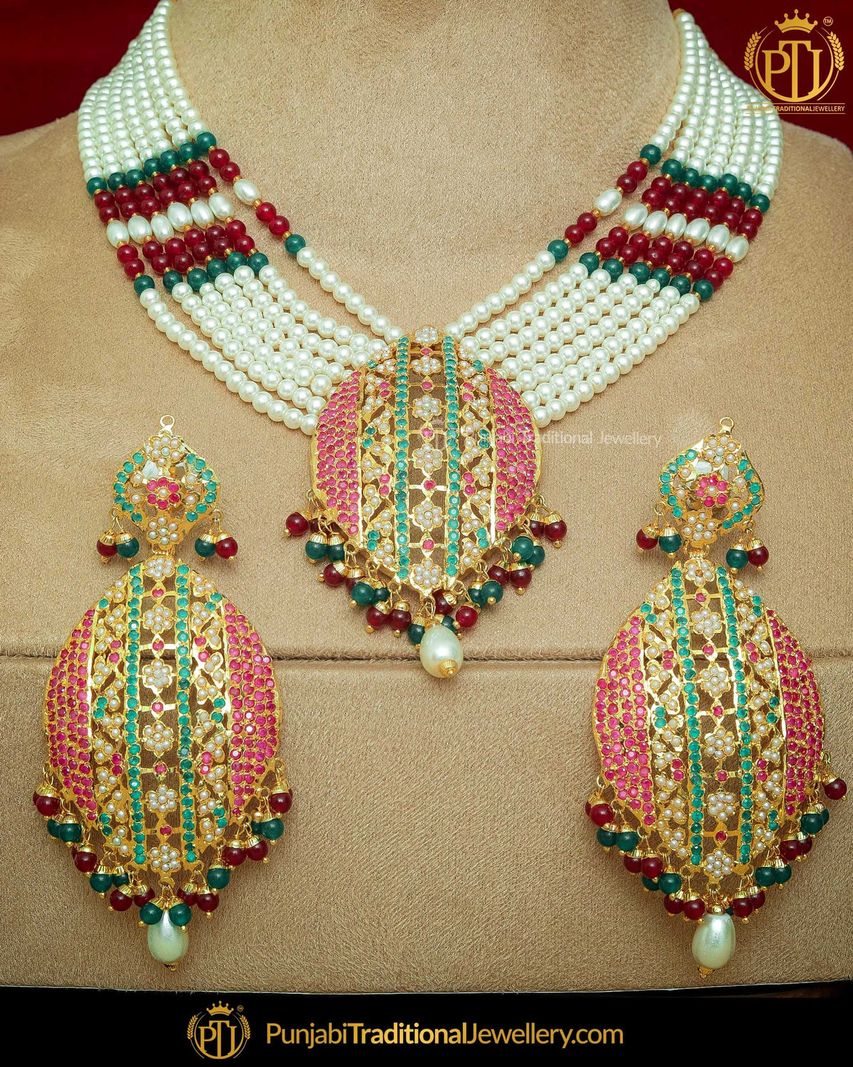 Gold Finished Navratan Jadau Necklace Set | Punjabi Traditional Jewellery Exclusive
