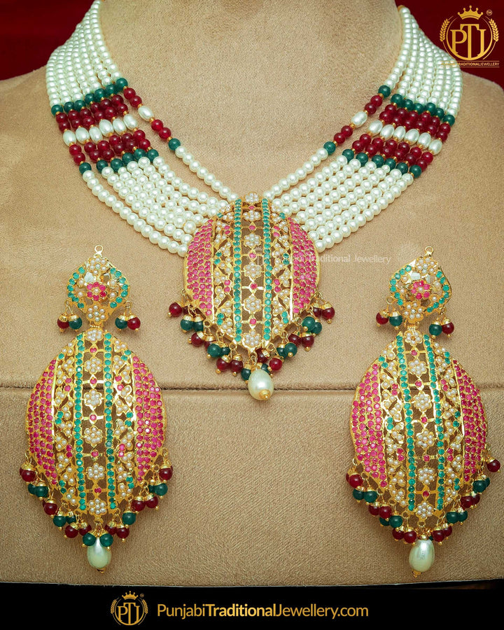 Gold Finished Navratan Jadau Necklace Set | Punjabi Traditional Jewellery Exclusive