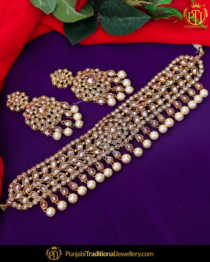 Gold Finished Champagne Stone Pearl Choker Necklace Set  | Punjabi Traditional Jewellery Exclusive