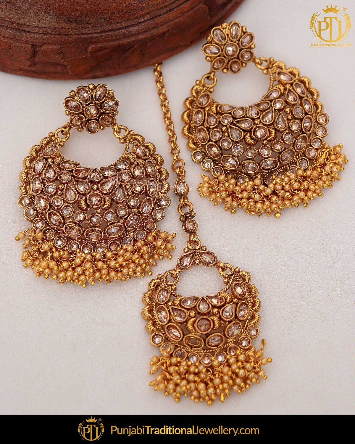 Gold Finished Chamapgne Stone Pearl Earring Tikka Set | Punjabi Traditional Jewellery Exclusive
