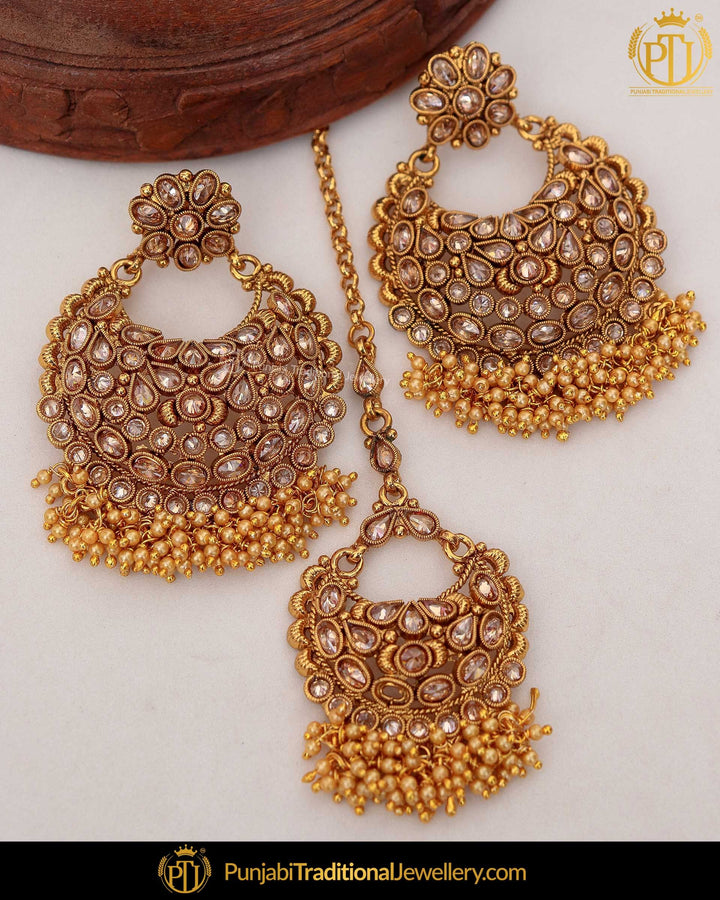 Gold Finished Chamapgne Stone Pearl Earring Tikka Set | Punjabi Traditional Jewellery Exclusive