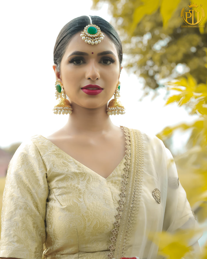 Gold Finished Emerald  Kundan Jhumki Earrings & Tikka | Rawayat by Punjabi Traditional Jewellery