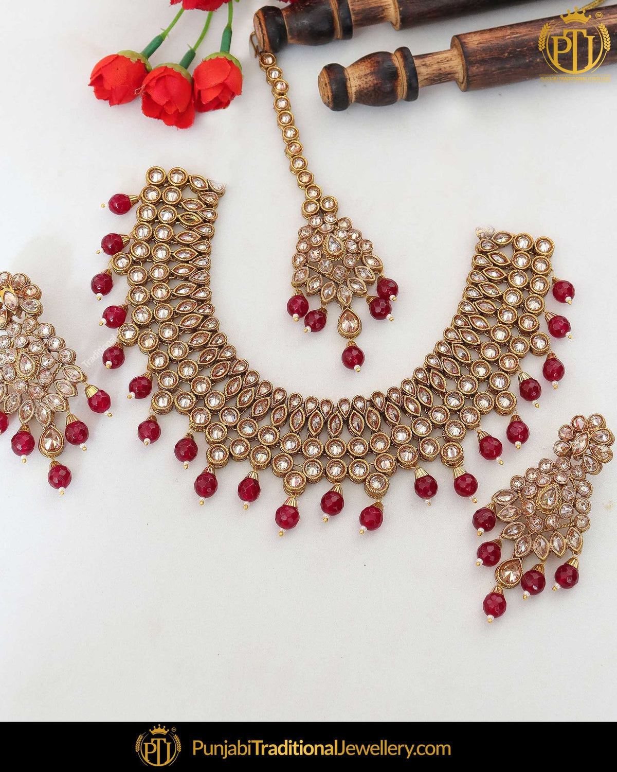 Gold Finished Rubby Chamapgne Stone Pearl Necklace Set | Punjabi Traditional Jewellery Exclusive