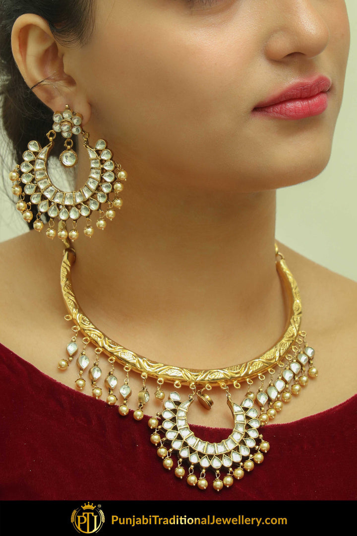 Heba Gold Finished Pearl Kundan Necklace, Tikka & Earrings | Punjabi Traditional Jewellery Exclusive