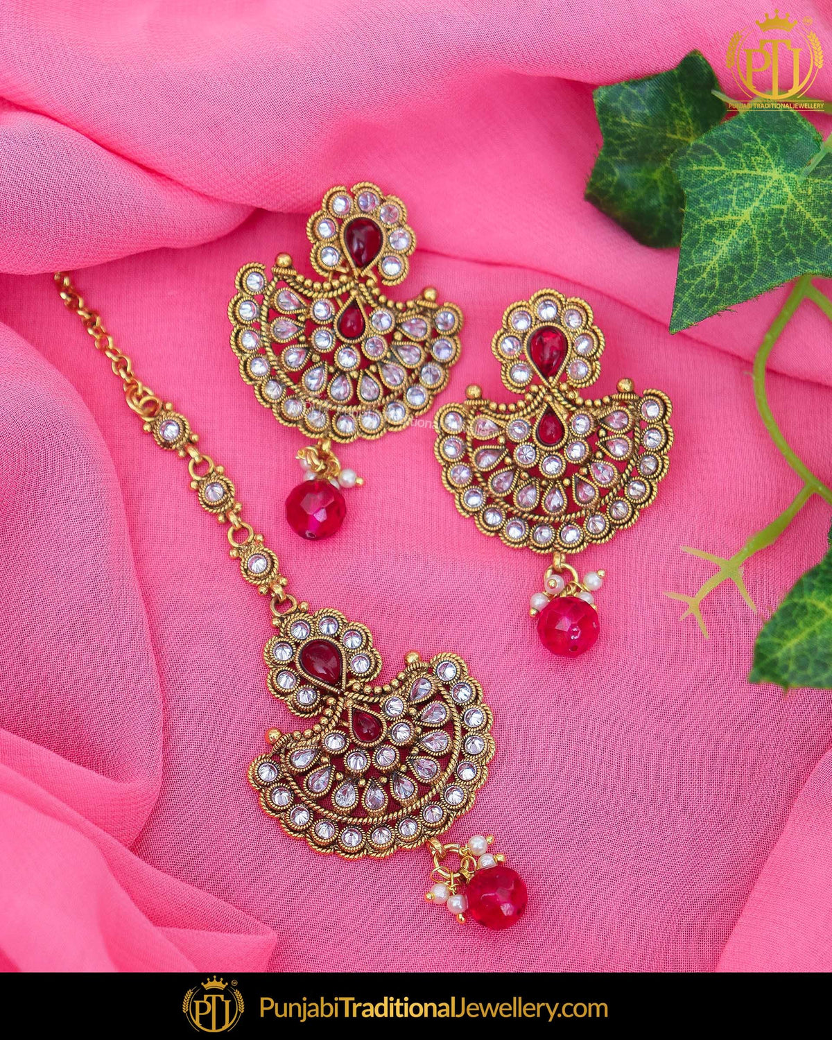 Gold Finished Polki Stone Rubby Pearl Earring Tikka Set | Punjabi Traditional Jewellery Exclusive