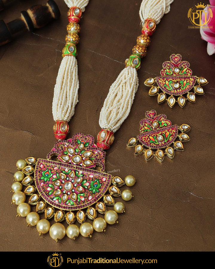 Hand Paited Meena Pearl Kundan Mala Necklace Set | Punjabi Traditional Jewellery Exclusive