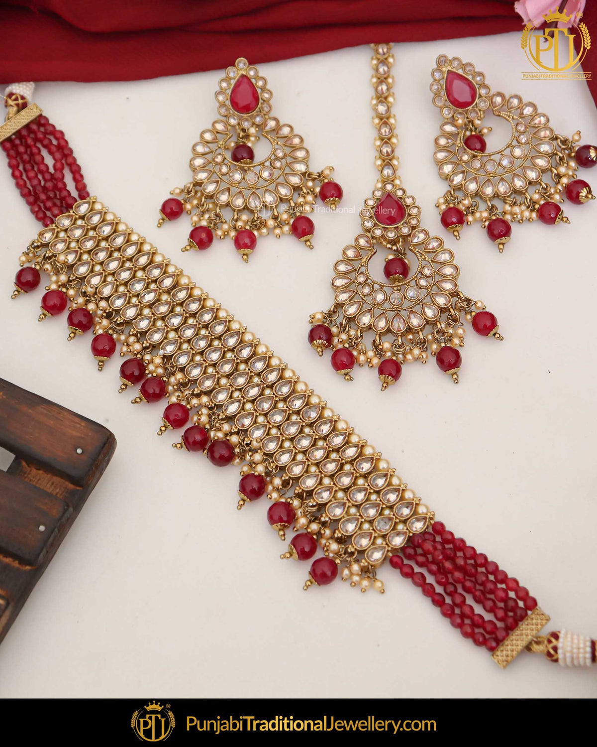 Gold Finished Champagne Stone Rubby Pearl Choker Necklace Set | Punjabi Traditional Jewellery Exclusive