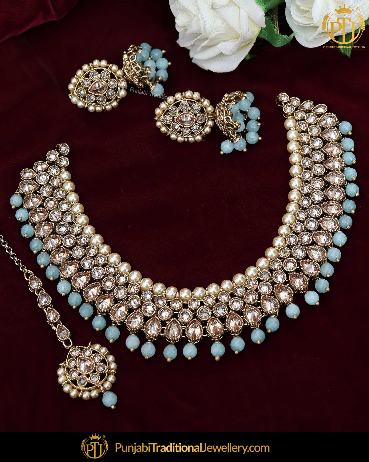 Gold Finished Champagne Stone Firozi Pearl Necklace Set | Punjabi Traditional Jewellery Exclusive