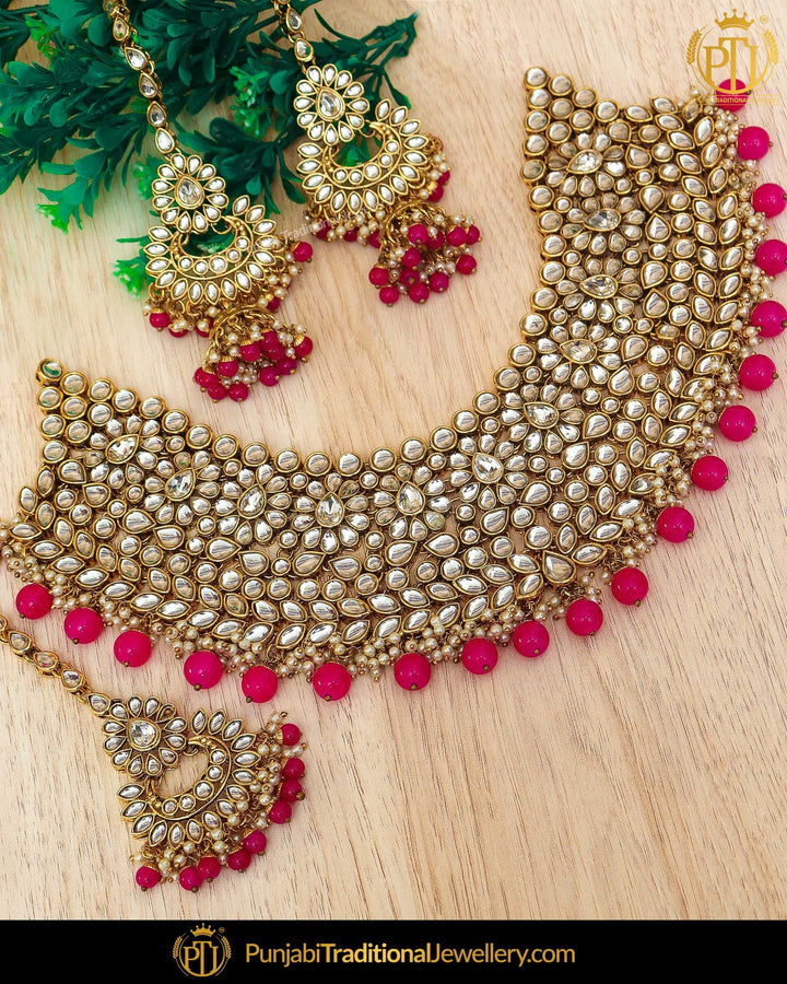 Gold Finished Pink Kundan Pearl Choker Necklace & Sahare Earrings | Punjabi Traditional Jewellery Exclusive