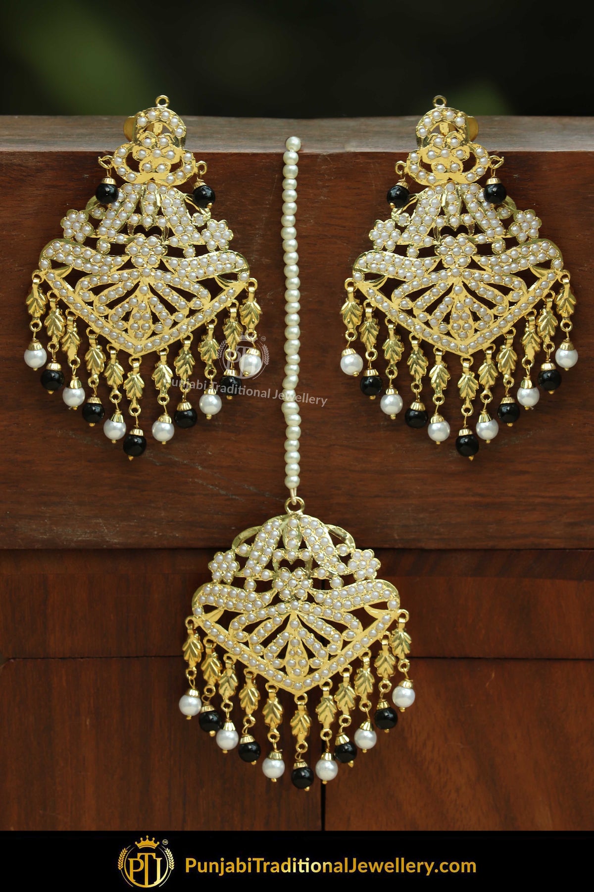 Gold Finished White & Black Jadau Pearl Earring Tikka Set | Punjabi Traditional Jewellery Exclusive