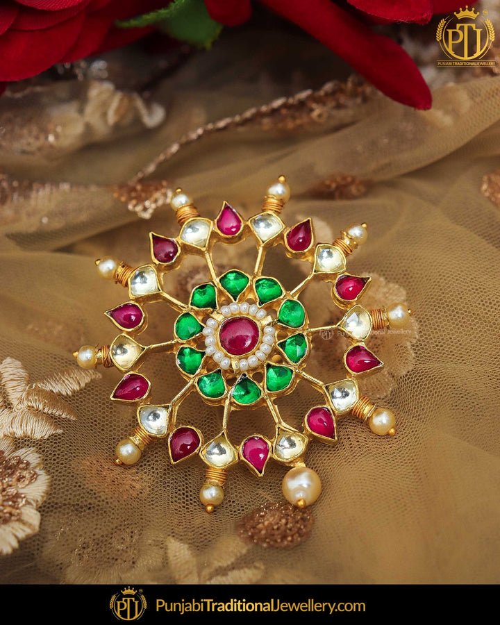 Gold Finished Rubby Panna Kundan Ring | Punjabi Traditional Jewellery Exclusive