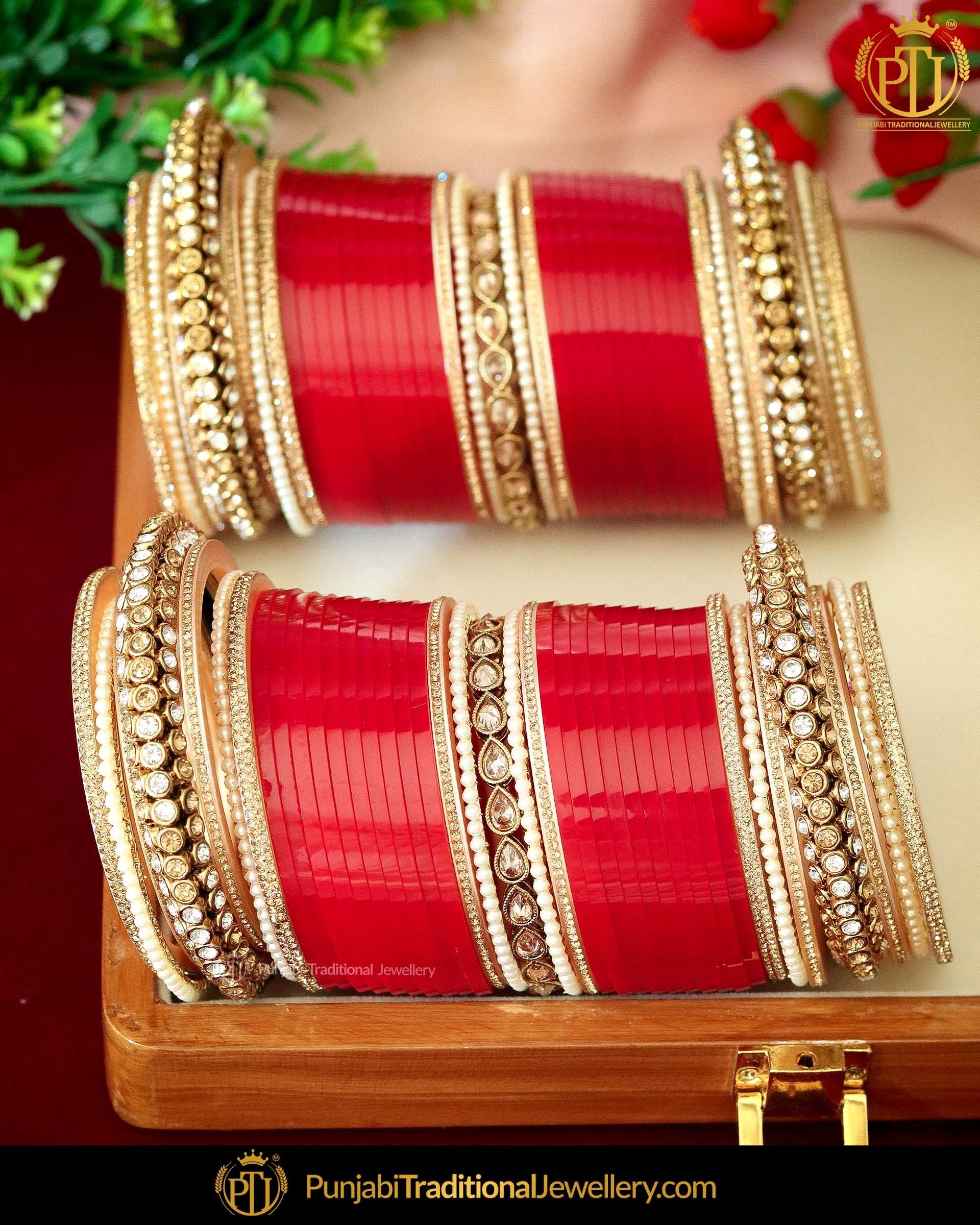 Gold Finished Red Champange Stone Bridal Chura | Punjabi Traditional Jewellery Exclusive