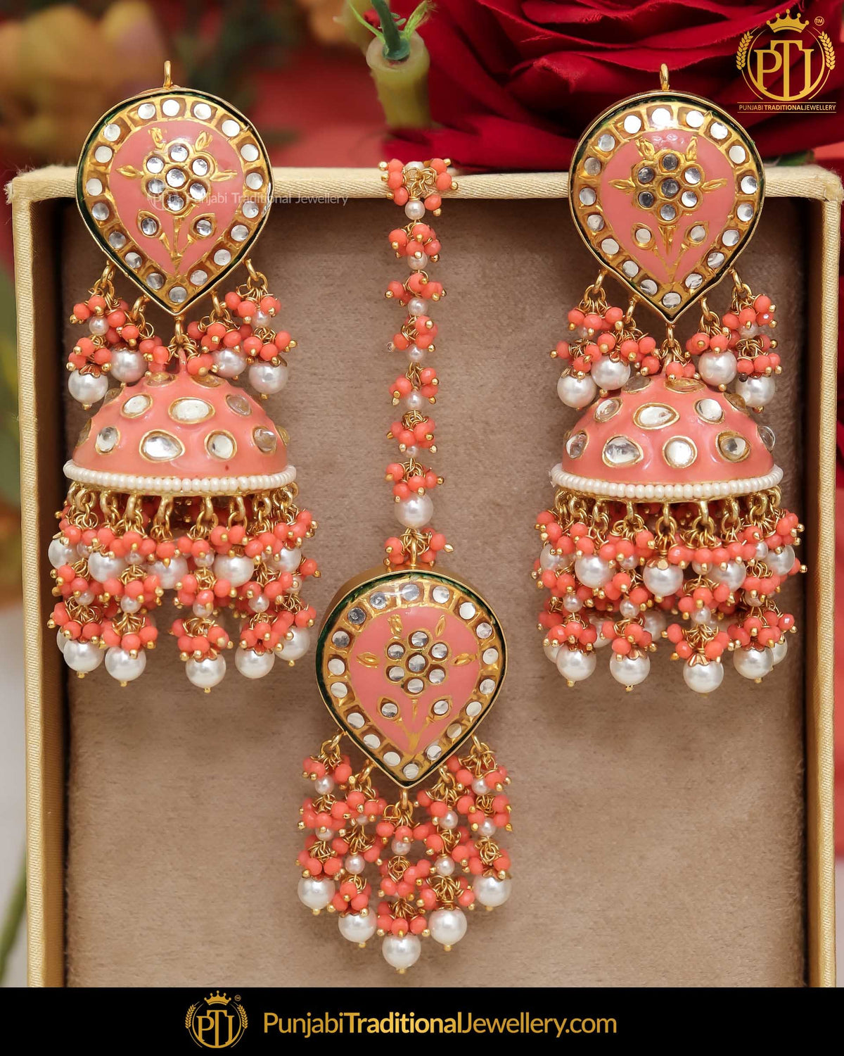 Hand Painted Meena Kundan Pearl Dark Peach Jhumki Earrings & Tikka  | Punjabi Traditional Jewellery Exclusive