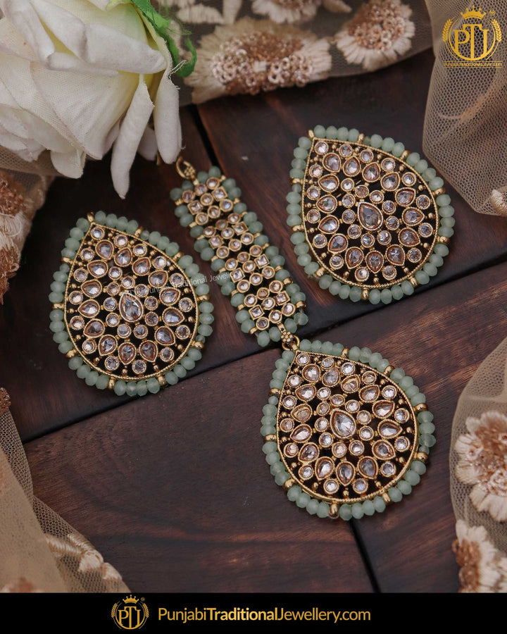 Gold Finished  Champagne Stone Stud Earring Tikka Set | Punjabi Traditional Jewellery Exclusive