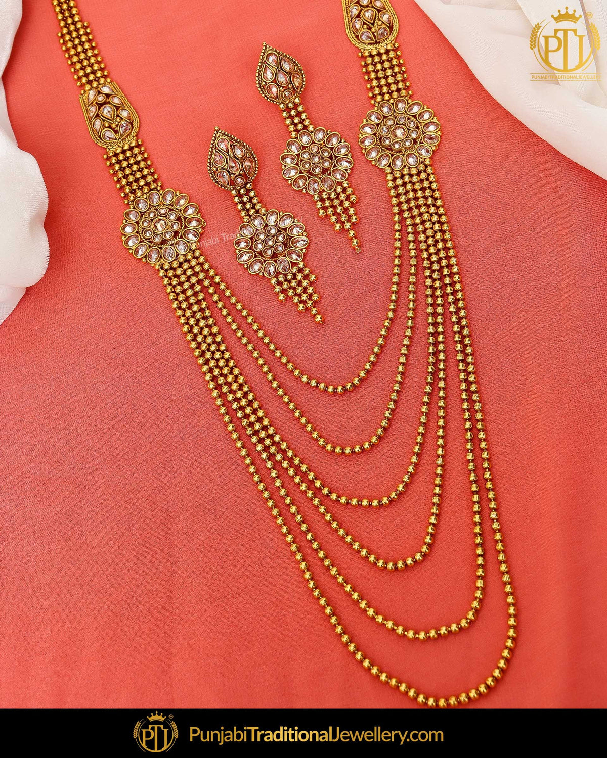 Antique Gold Finished Champagne Stone Long  Set  | Punjabi Traditional Jewellery Exclusive