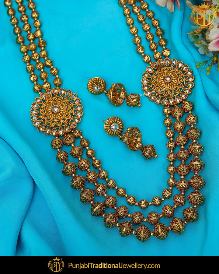 Antique Gold Finished Champagne Stone Long  Set  | Punjabi Traditional Jewellery Exclusive