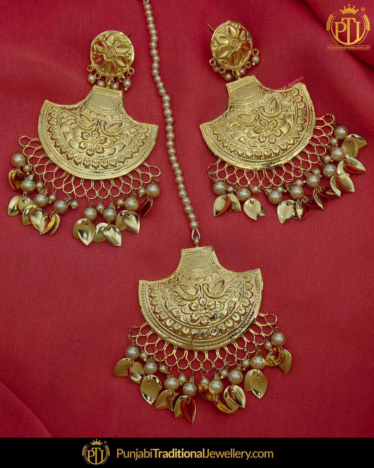 Antique Gold Finished Pippal Patti Patra Pearl Earring  Set | Punjabi Traditional Jewellery Exclusive