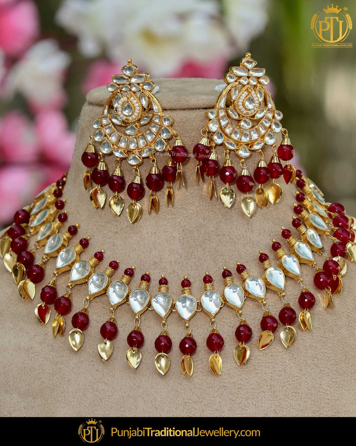 Gold Finished Pippal Patti Emerald Pearl Kundan Necklace Set | Punjabi Traditional Jewellery Exclusive