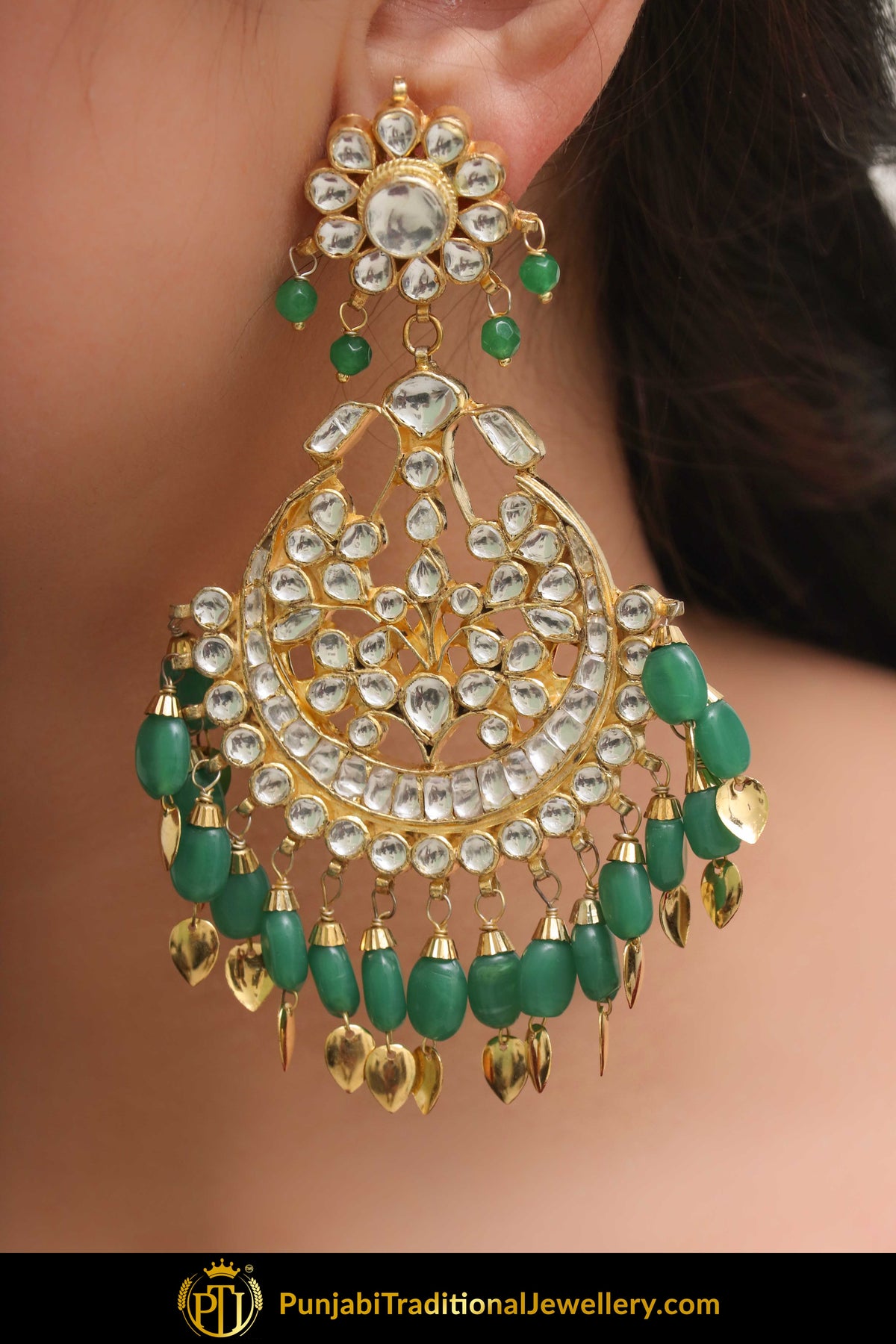 Anila Green Kundan Pippal Patti Earring Tikka Set | Punjabi Traditional Jewellery Exclusive