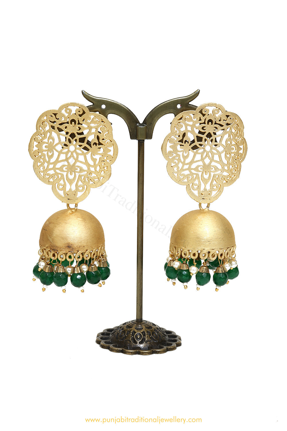 Gold Finished Emerald Jhumki Earrings by PTJ