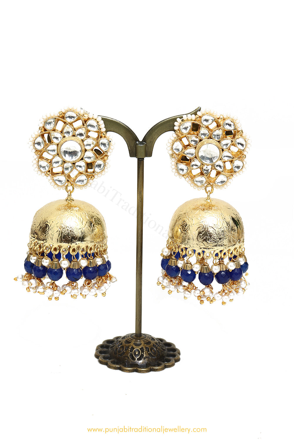 Gold Finished Blue Kundan Jhumki Earrings by PTJ