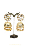 Gold Finished Pippal Patti Kundan Jhumki Earrings by PTJ