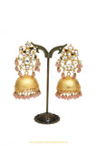 Gold Finished Pink Kundan Jhumki Earrings by PTJ