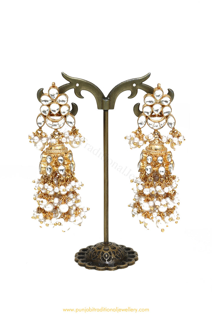 Gold Finished Pearl Kundan Jhumki Earrings by PTJ