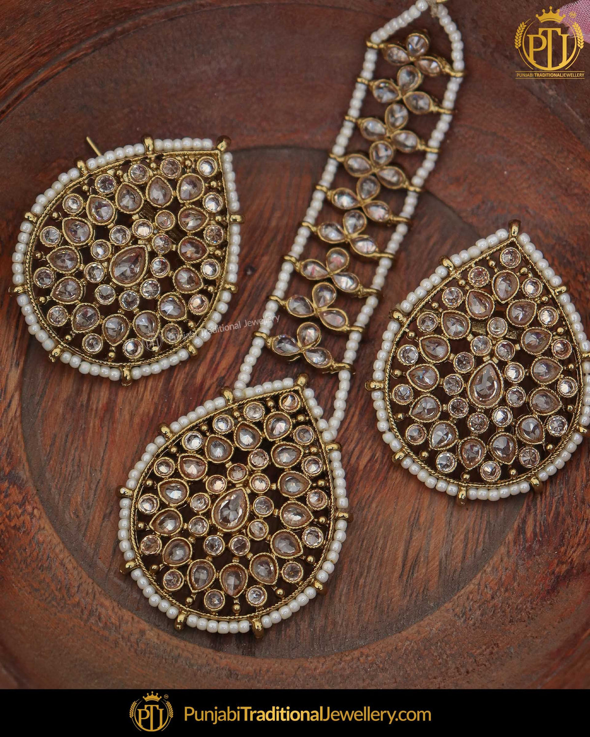 Gold Finished White Champagne Stone Stud Earring Tikka Set | Punjabi Traditional Jewellery Exclusive