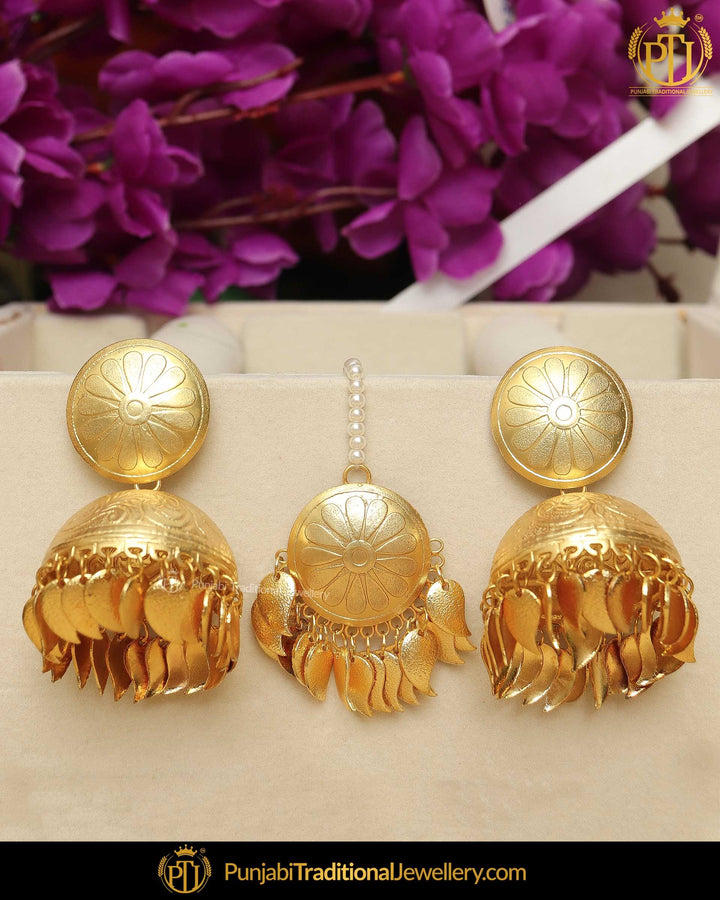 Gold Finished Patra Pippal Patti Jhumki Earrings & Tikka Set | Punjabi Traditional Jewellery Exclusive