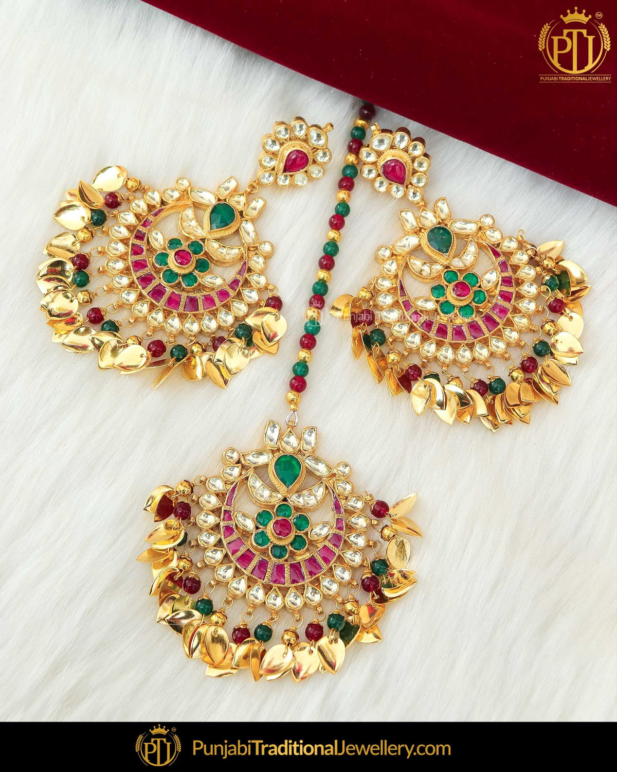 Gold Finished Rubby Emerald Kundan Pippal Patti Earring Tikka Set | Punjabi Traditional Jewellery Exclusive