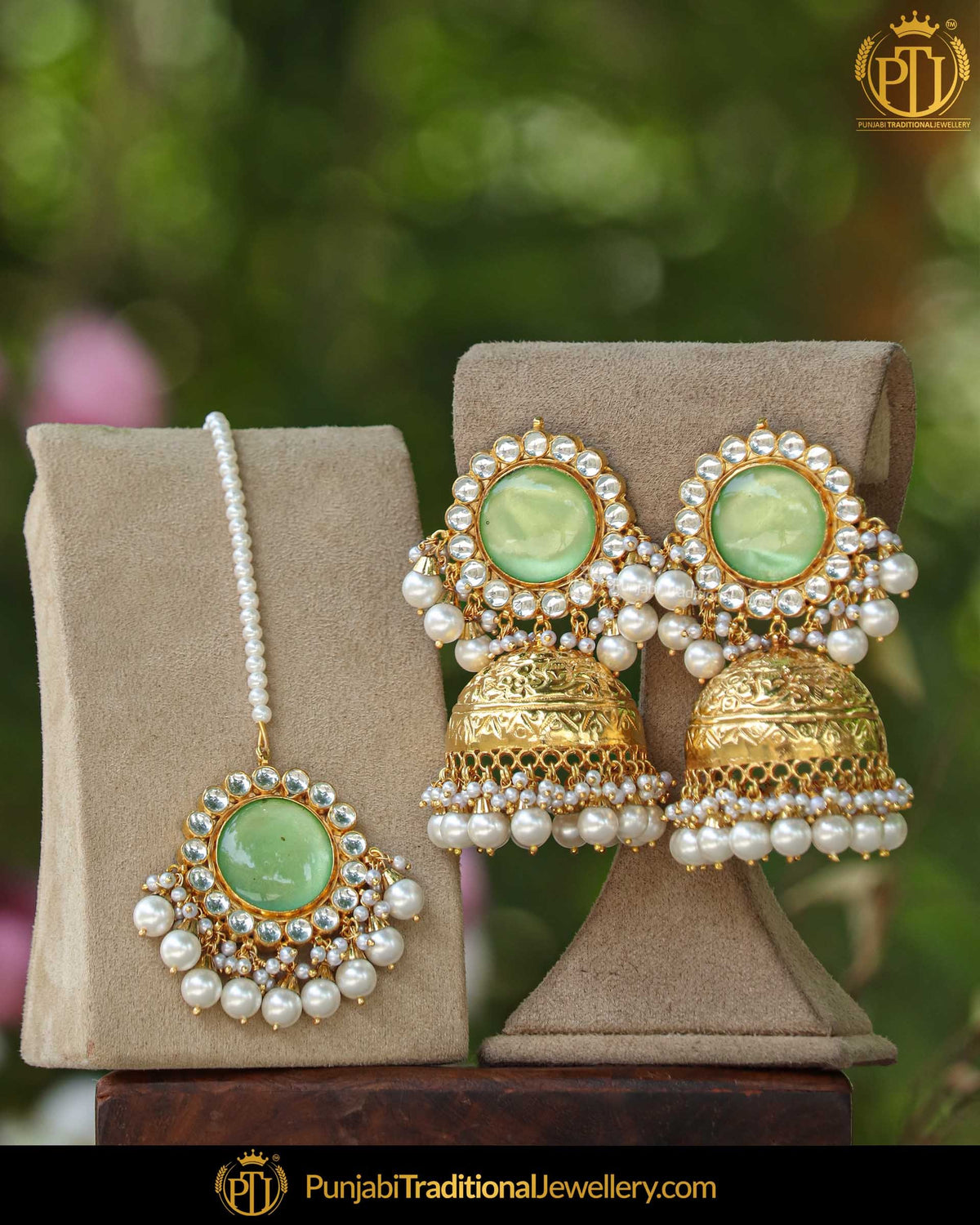 Gold Finished Kundan Pearl Jhumki Green Earrings & Tikka  | Punjabi Traditional Jewellery Exclusive