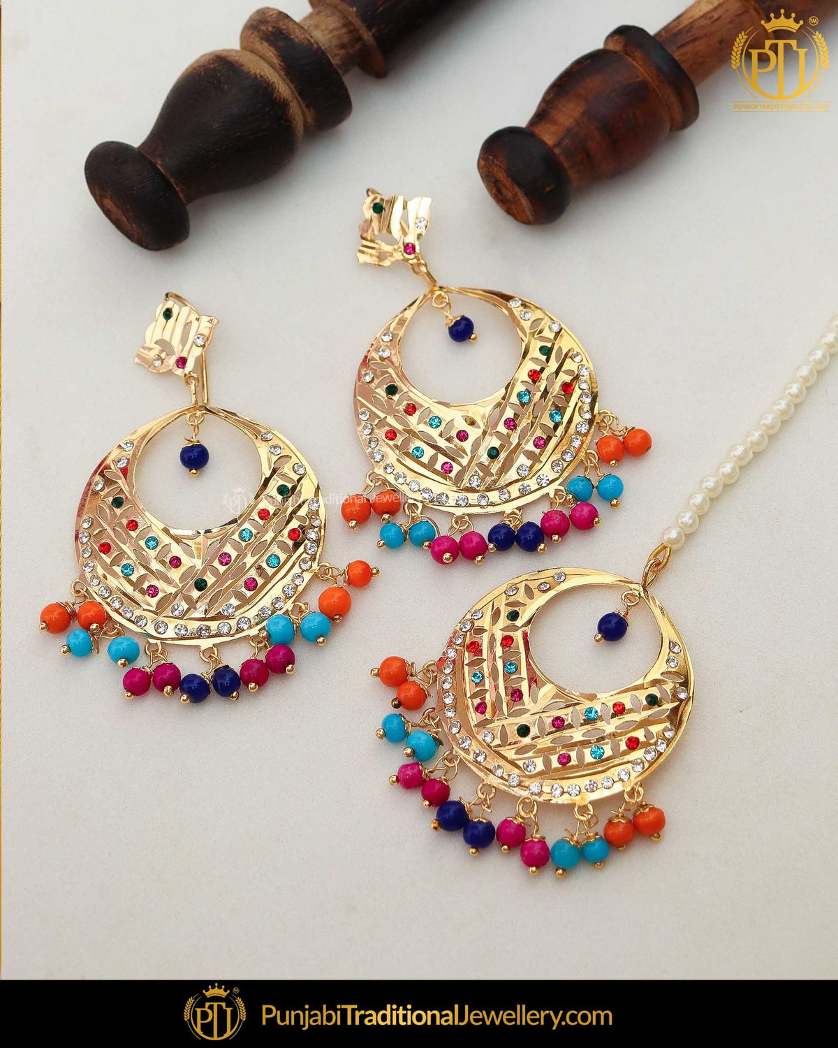 Gold Finished Navratan Jadau Pearl Earring Tikka Set | Punjabi Traditional Jewellery Exclusive