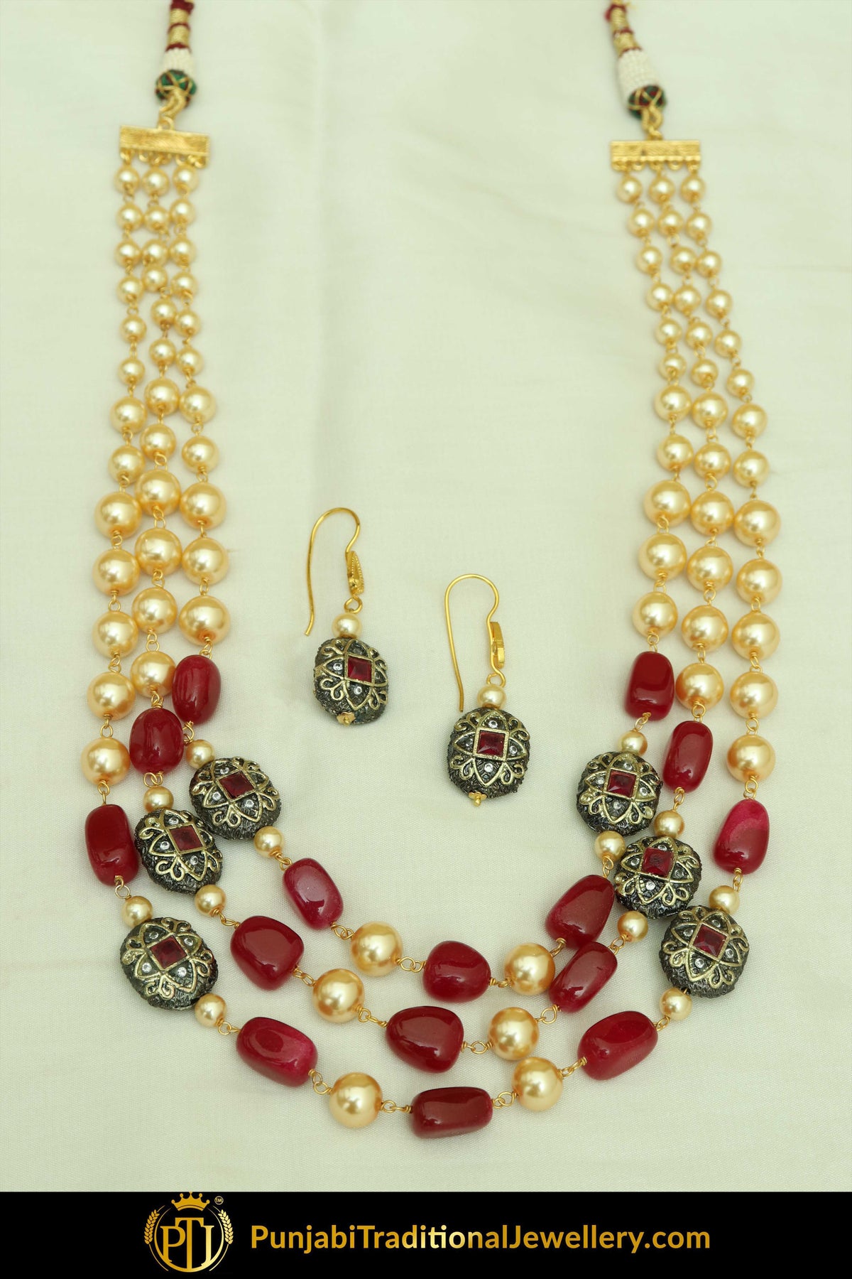 Kamilah Red Pearl Mala Necklace & Earrings | Punjabi Traditional Jewellery Exclusive