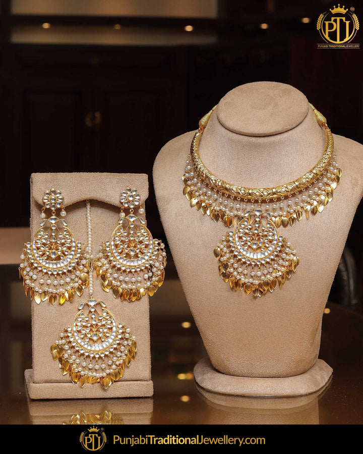 Gold Finished Pearl Pippal Patti Kundan Hasli Necklace Set | Punjabi Traditional Jewellery Exclusive