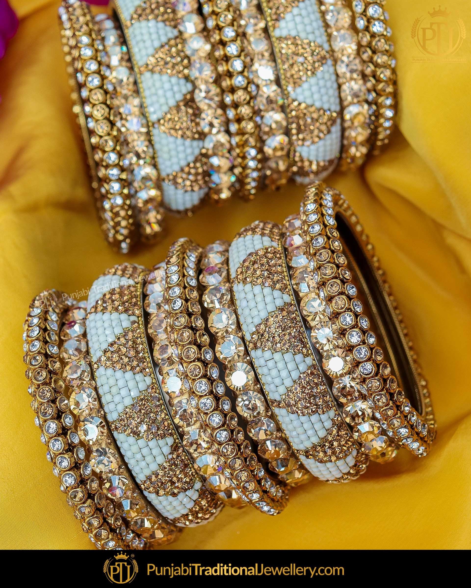 Gold Finished Polki Firozi Pearl Bangles Set (Both Hand Pair) | Punjabi Traditional Jewellery Exclusive