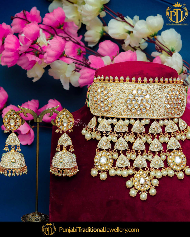 Hand Painted Meena Kundan Pearl Bridal Necklace Set | Punjabi Traditional Jewellery Exclusive