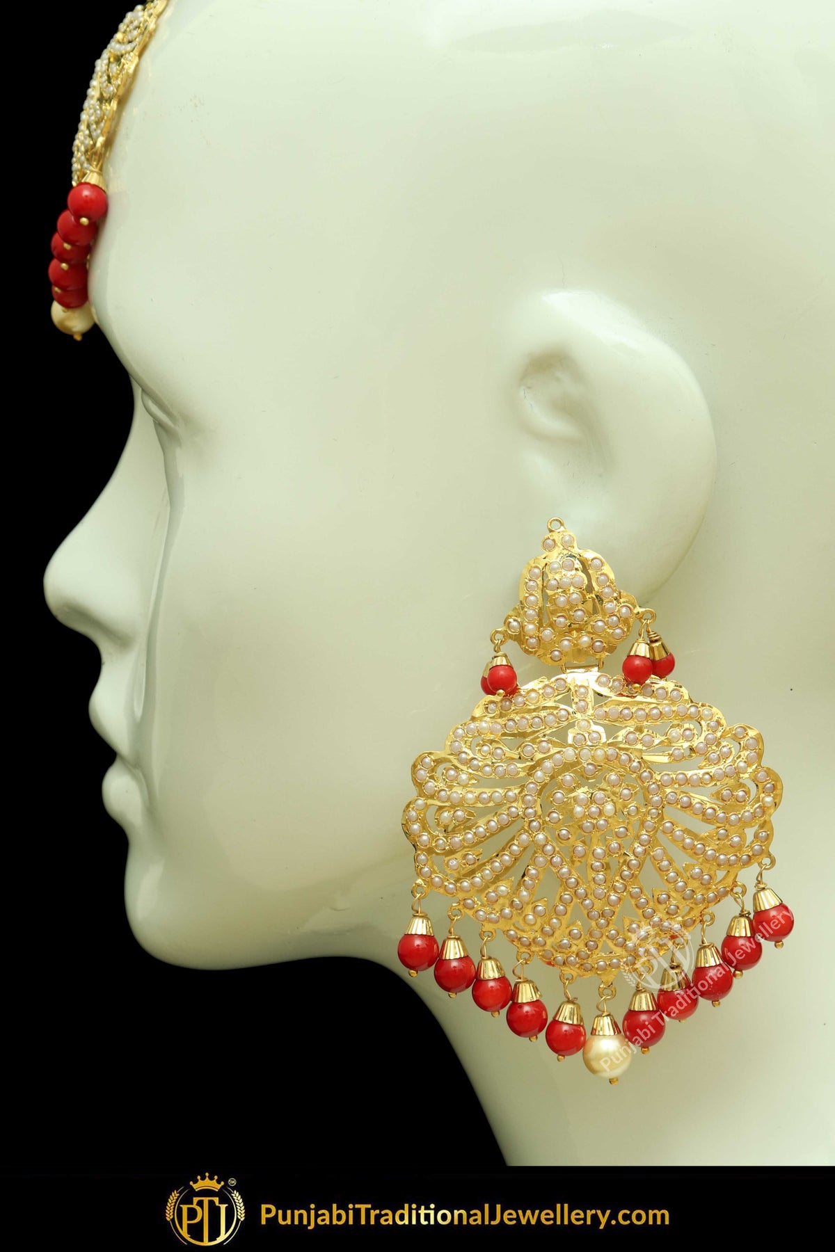 Gold Finished Red Jadau Pearl Earring Tikka Set | Punjabi Traditional Jewellery Exclusive