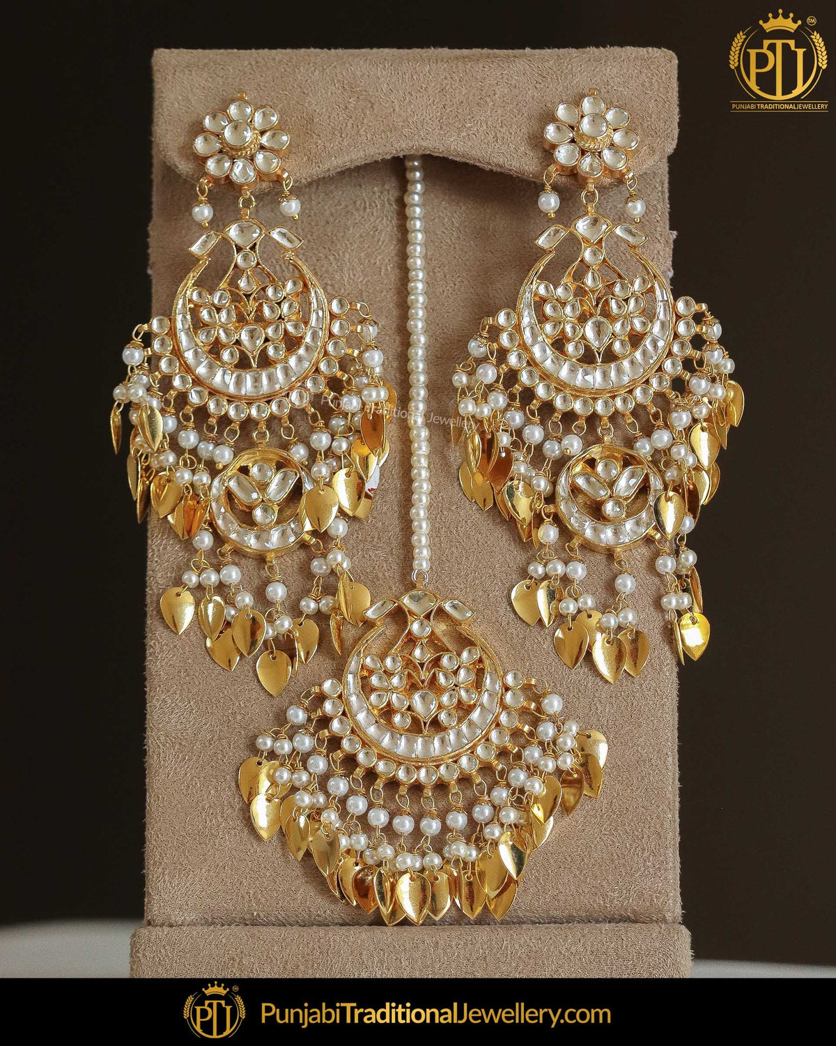 Gold Finished Pippal Patti Kundan Pearl Earring Tikka Set | Punjabi Traditional Jewellery Exclusive