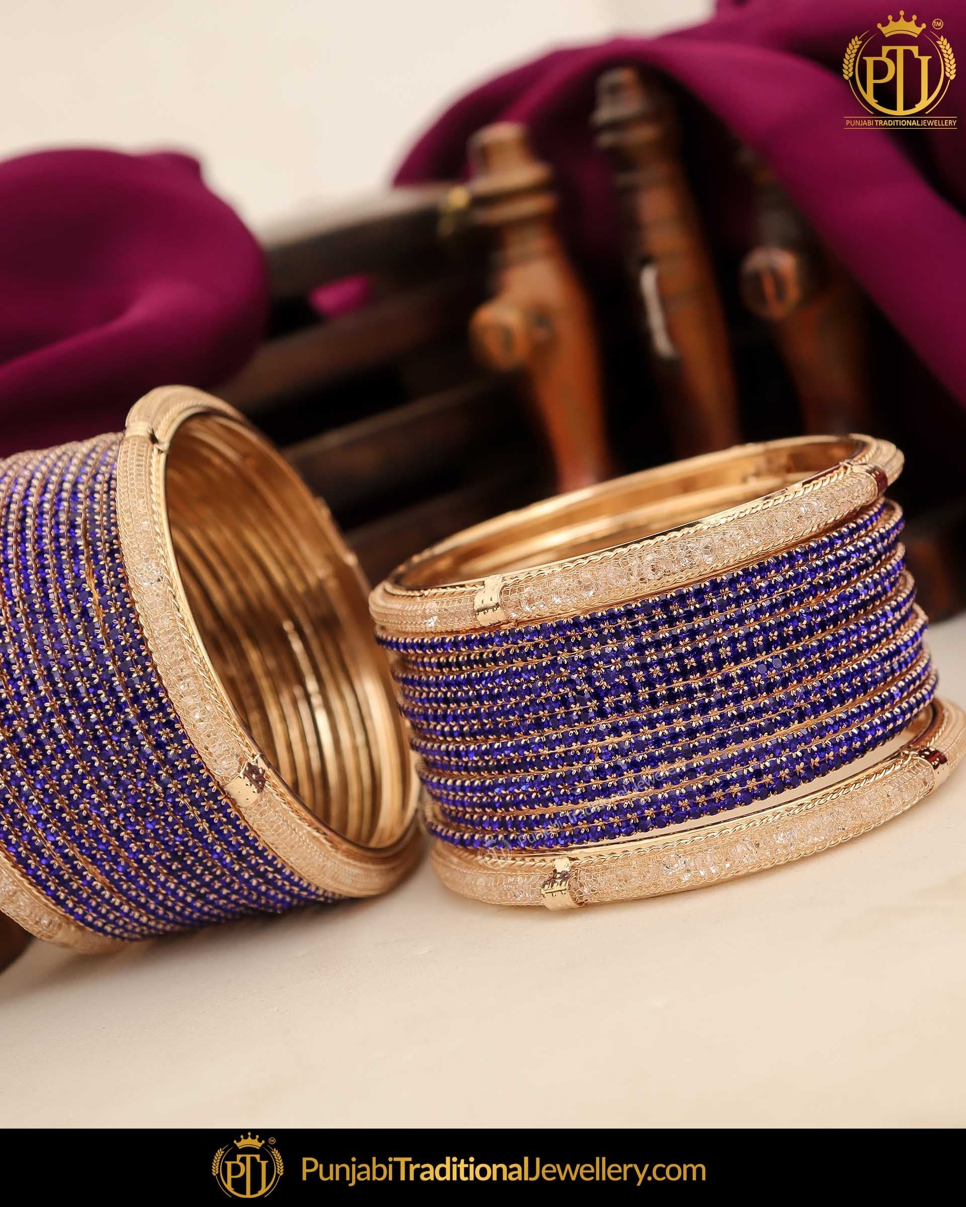 Antique Gold Finished Blue AD Stone Bangle Set (Both Hand Pair) | Punjabi Traditional Jewellery Exclusive
