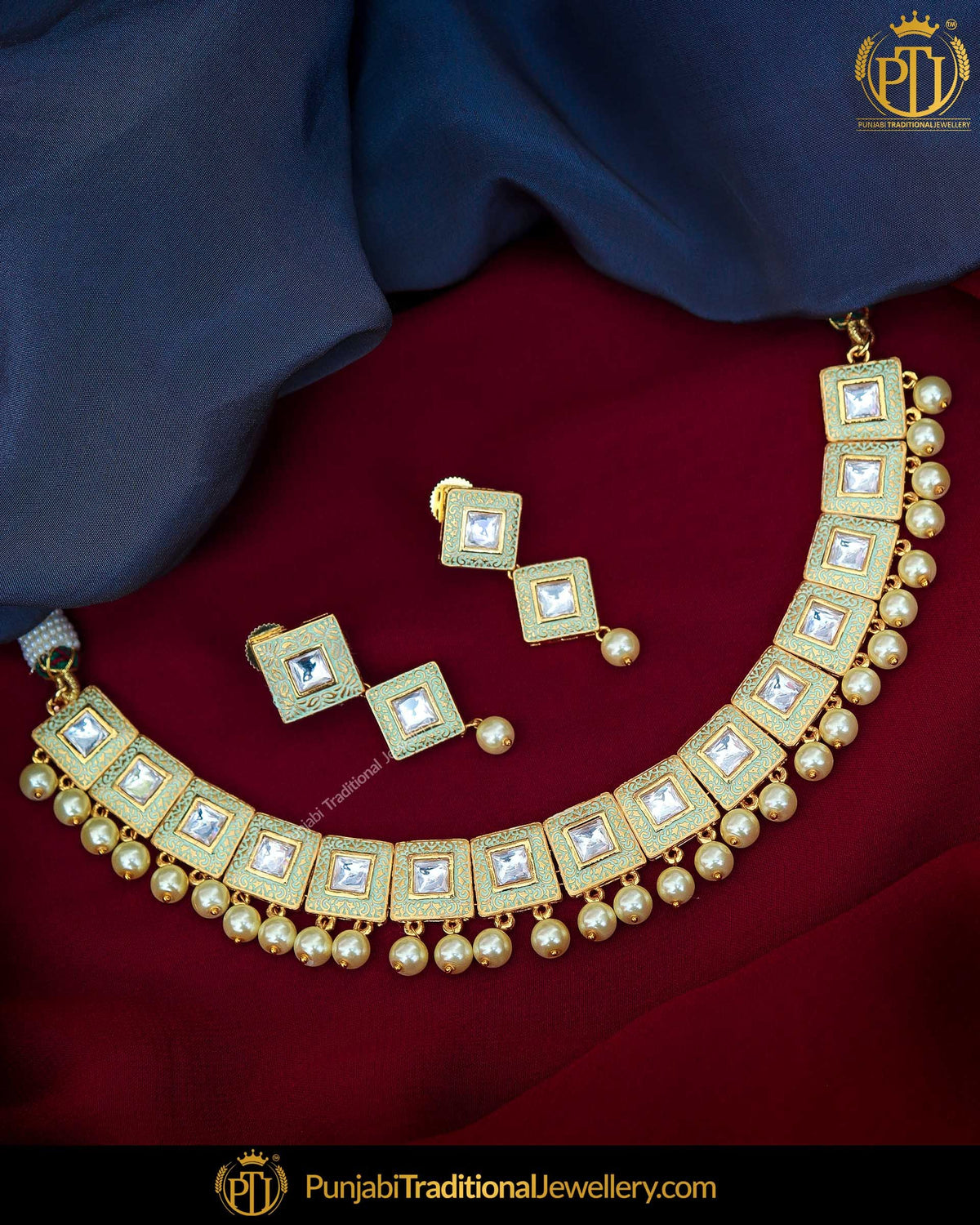 Hand Painted Meena Emerald Kundan Pearl Necklace Set | Punjabi Traditional Jewellery Exclusive