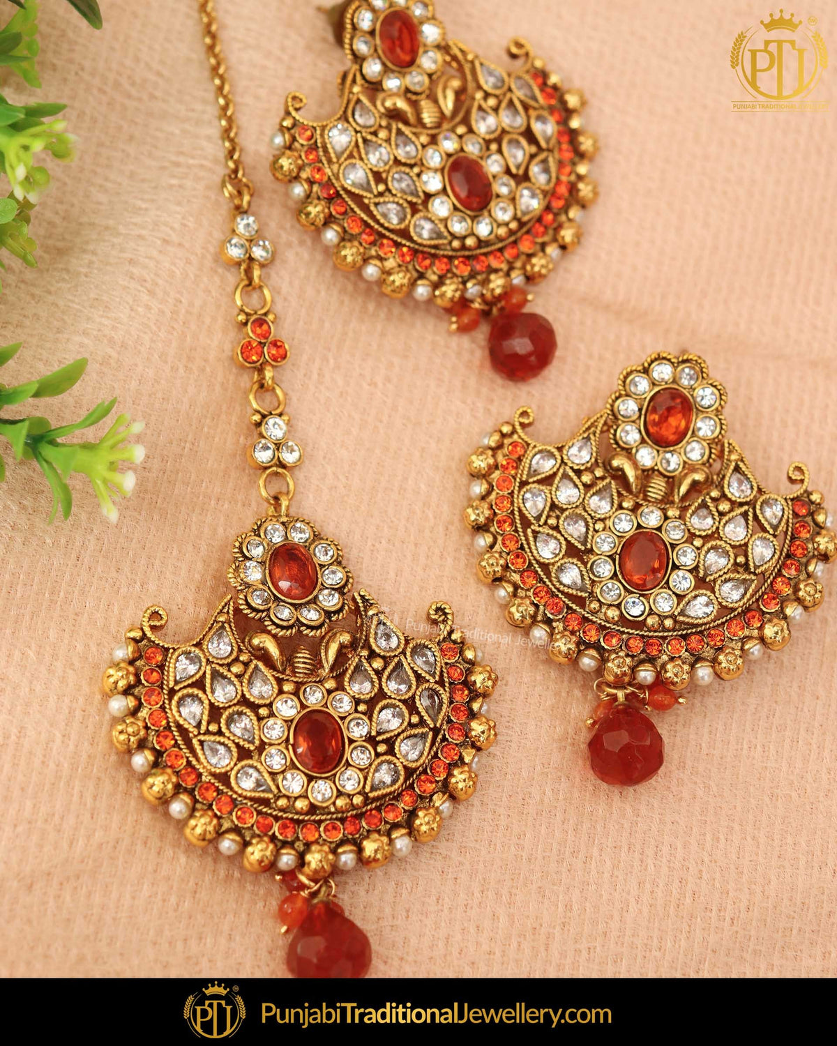 Gold Finished Polki Stone Rubby Pearl Earring Tikka Set | Punjabi Traditional Jewellery Exclusive