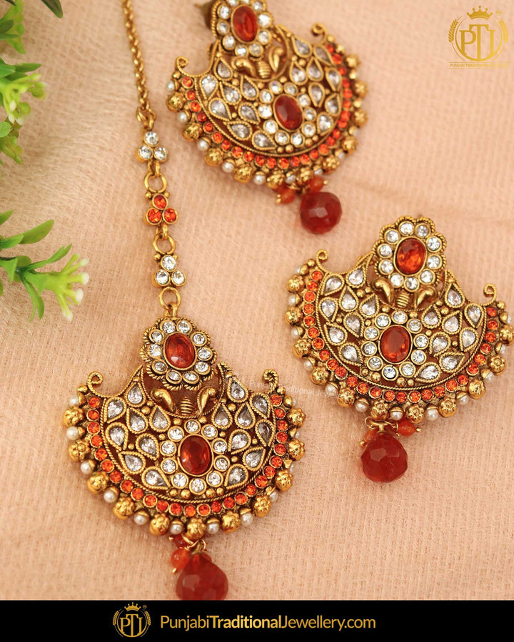 Gold Finished Polki Stone Rubby Pearl Earring Tikka Set | Punjabi Traditional Jewellery Exclusive