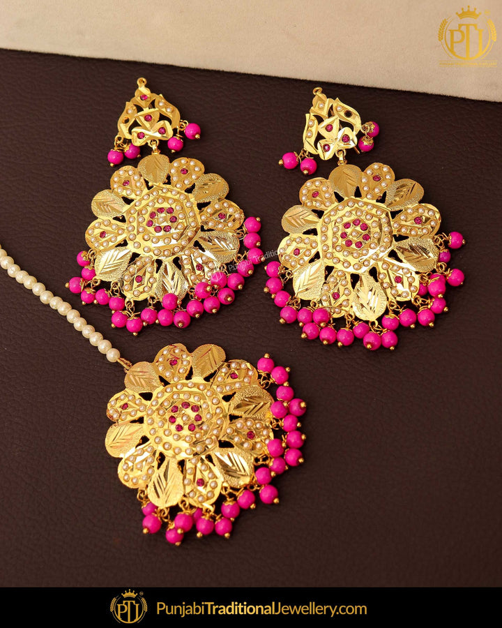 Gold Finished Pearl Pink Jadau Earring Tikka Set | Punjabi Traditional Jewellery Exclusive