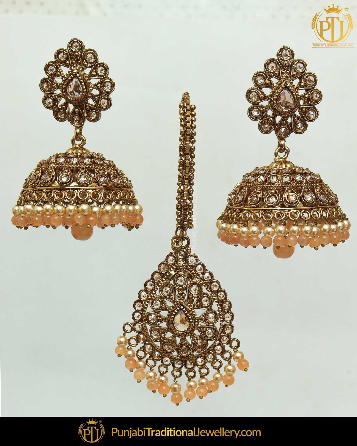 Antique Gold Finished Beige Color Champagne Stone Earring Tikka Set | Punjabi Traditional Jewellery Exclusive